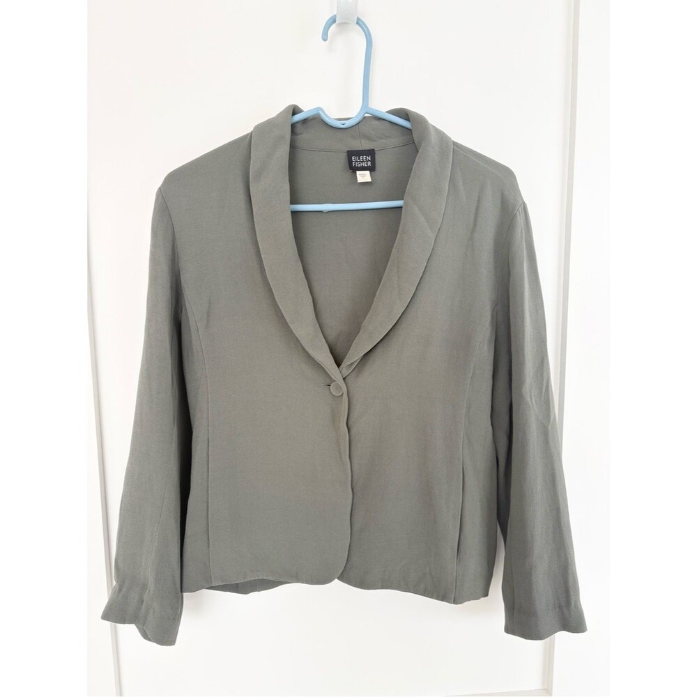 Eileen Fisher Silk Blazer Jacket Gray Olive Shawl Collar Stretch 1 Button - Sm